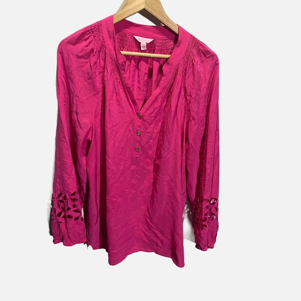Lilly Pulitzer Pink 100% Silk Eyelet Sleeve Smocked Blouse Top Large